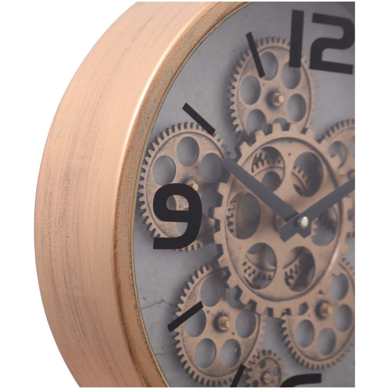 Gold tabletop clock with exposed gears and footed stem base, 41cm