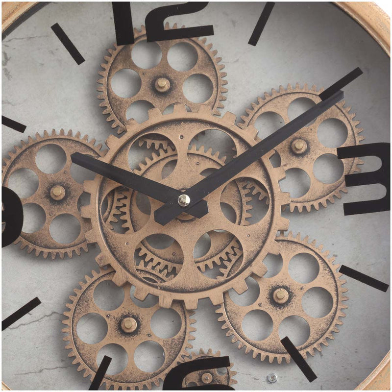 Gold tabletop clock with exposed gears and footed stem base, 41cm