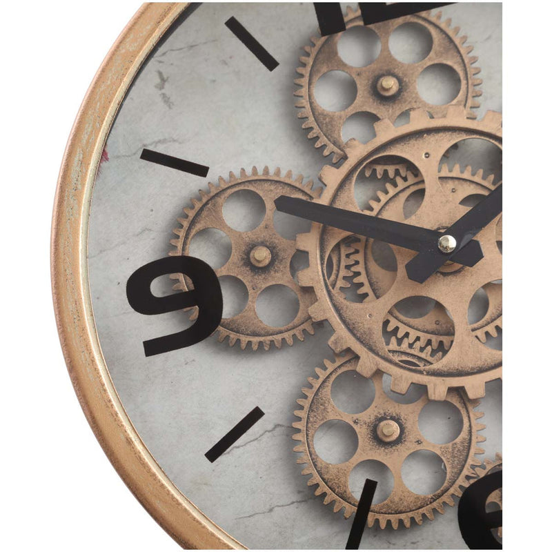 Gold tabletop clock with exposed gears and footed stem base, 41cm