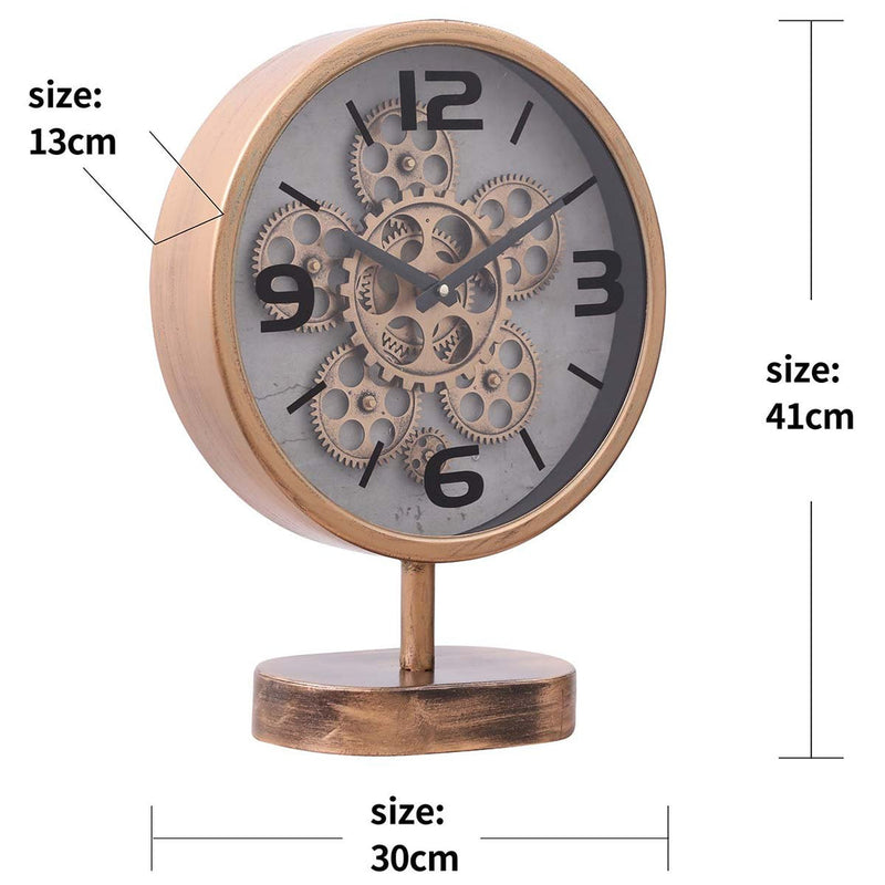 Gold tabletop clock with exposed gears and footed stem base, 41cm