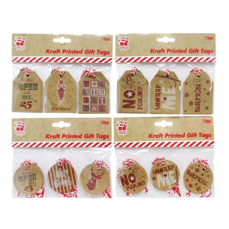 Ronis Kraft Gift Tags Printed Rectangle Round 4 Asstd