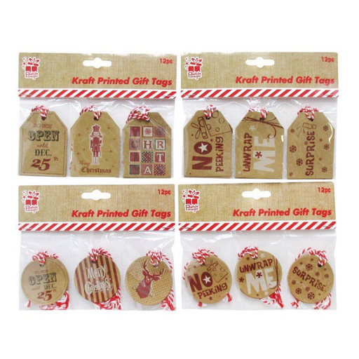 Ronis Kraft Gift Tags Printed Rectangle Round 4 Asstd