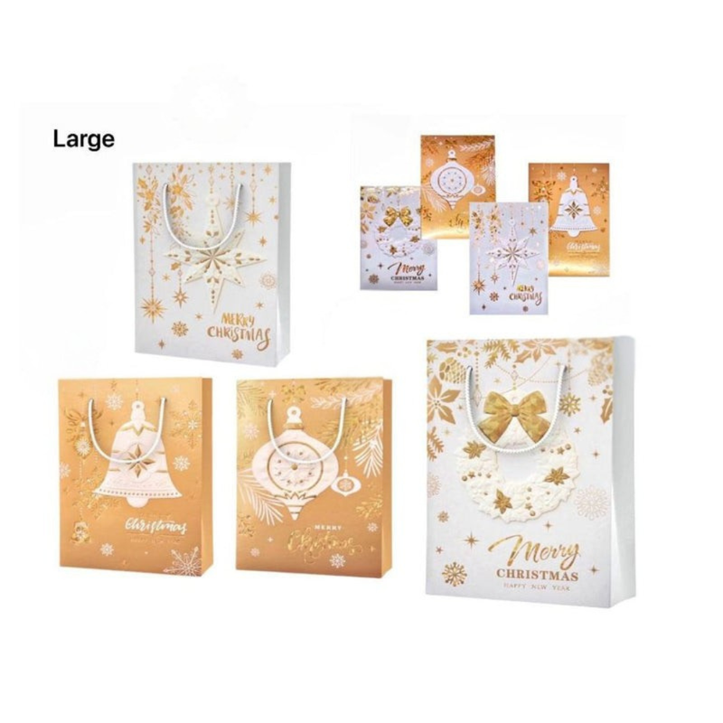 Christmas Gift Bag 3D Golden White Foil Large 4 Asstd