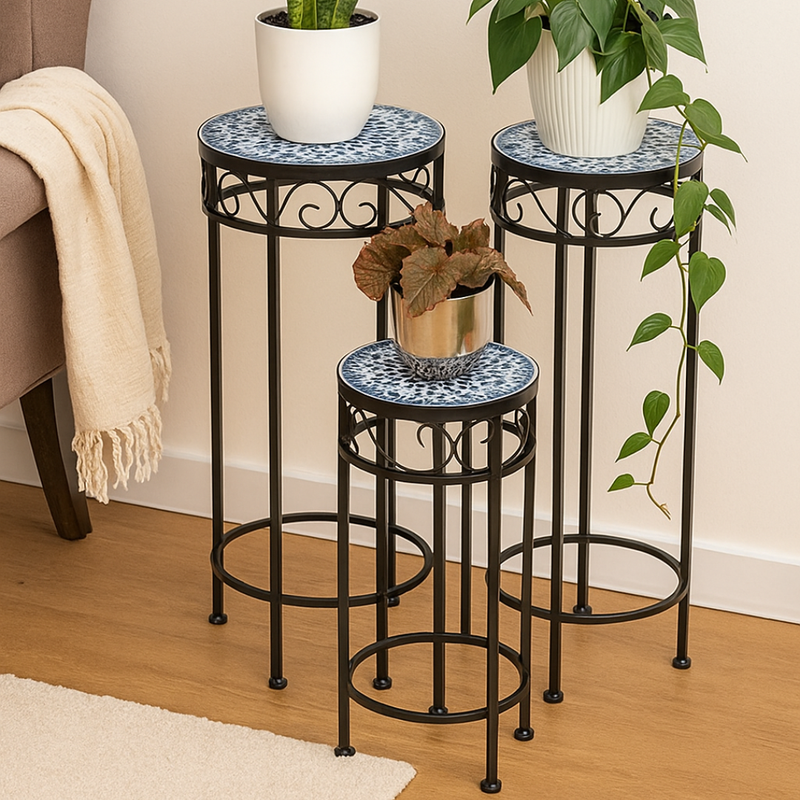 Round Mosaic Plant Stand Blue and White Pattern Small 20x57cm