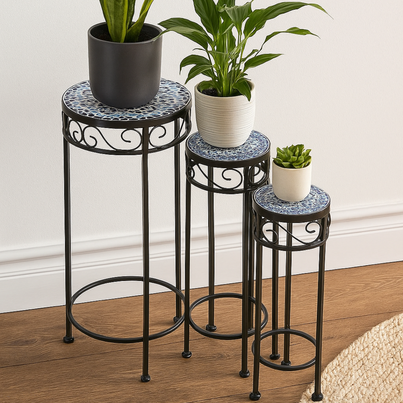 Round Mosaic Plant Stand Blue and White Pattern Small 20x57cm