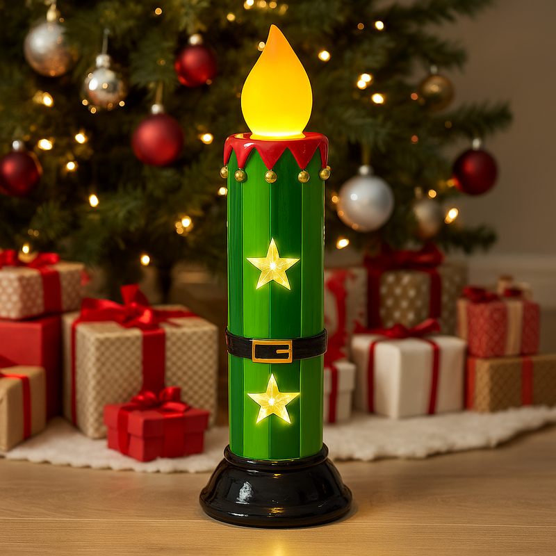 33cm tall green LED candle with realistic flickering flame – flameless Christmas candle for safe seasonal decoration