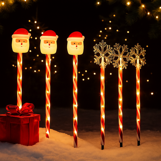 LED candy path lights 5 pack with Santa and snowflake toppers for outdoor Christmas decoration