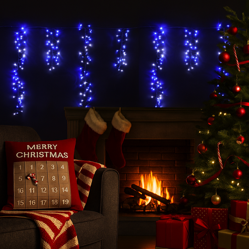 LED Dancing Cluster Icicles 900cm White Blue string lights with shimmering icicle effect