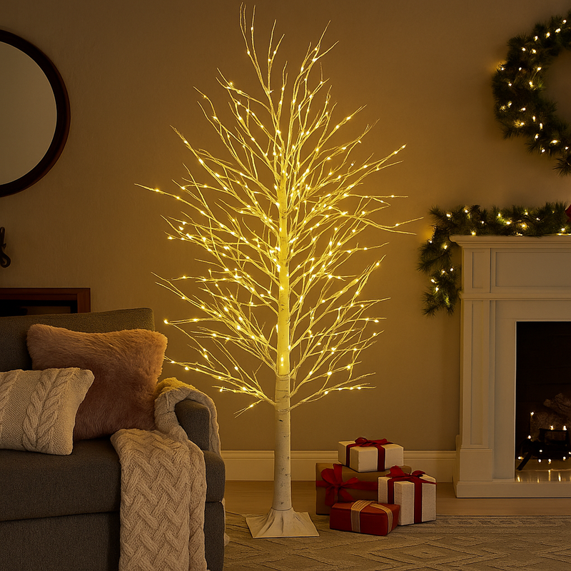 1.8m LED birch tree with warm white twinkling lights and white branches for festive indoor or covered outdoor décor