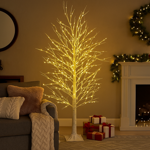 1.8m LED birch tree with warm white twinkling lights and white branches for festive indoor or covered outdoor décor