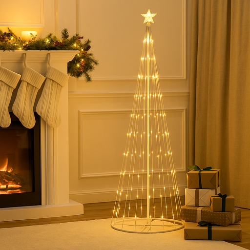 Tall LED strands tree with warm white flashing lights festive display