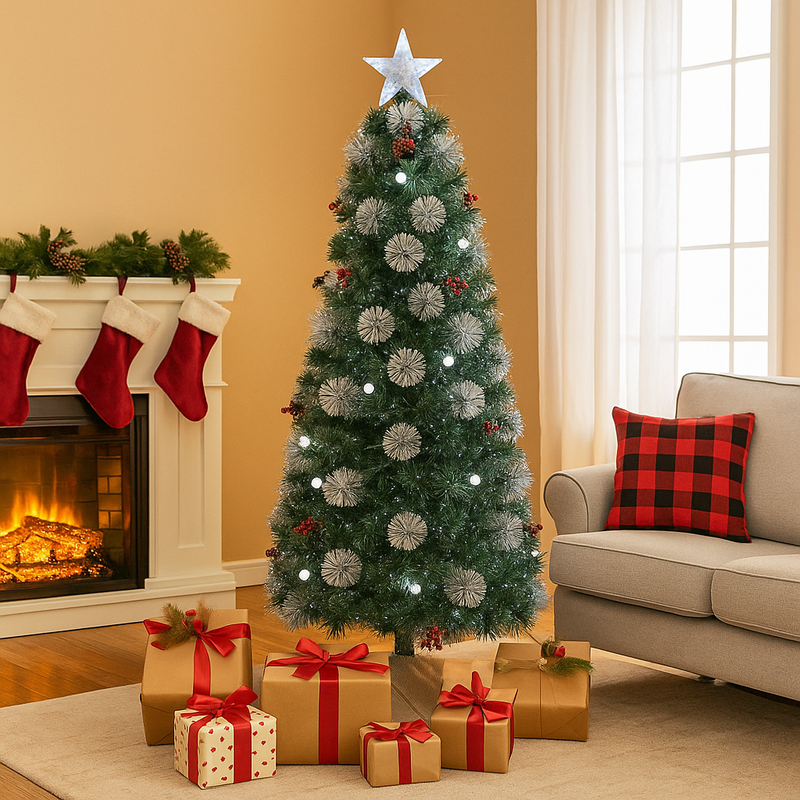 180cm snowy flocked fibre optic Christmas tree with flashing multicolour LED lights