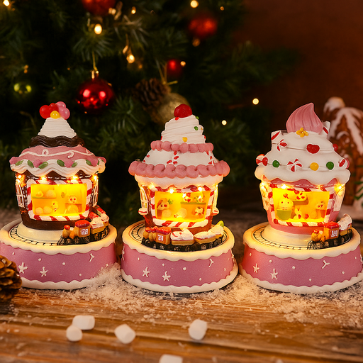 LED Frosted Gingerbread Cupcake Rotating USB Assorted with festive lights and holiday design