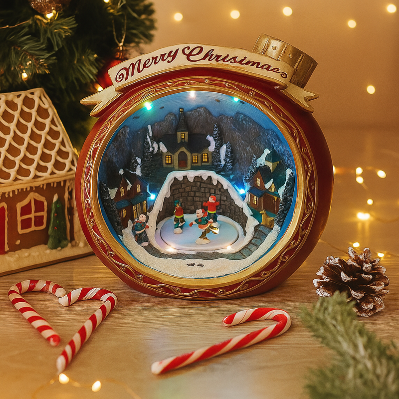 LED Merry Christmas Bauble Skate Scene with colour-changing lights