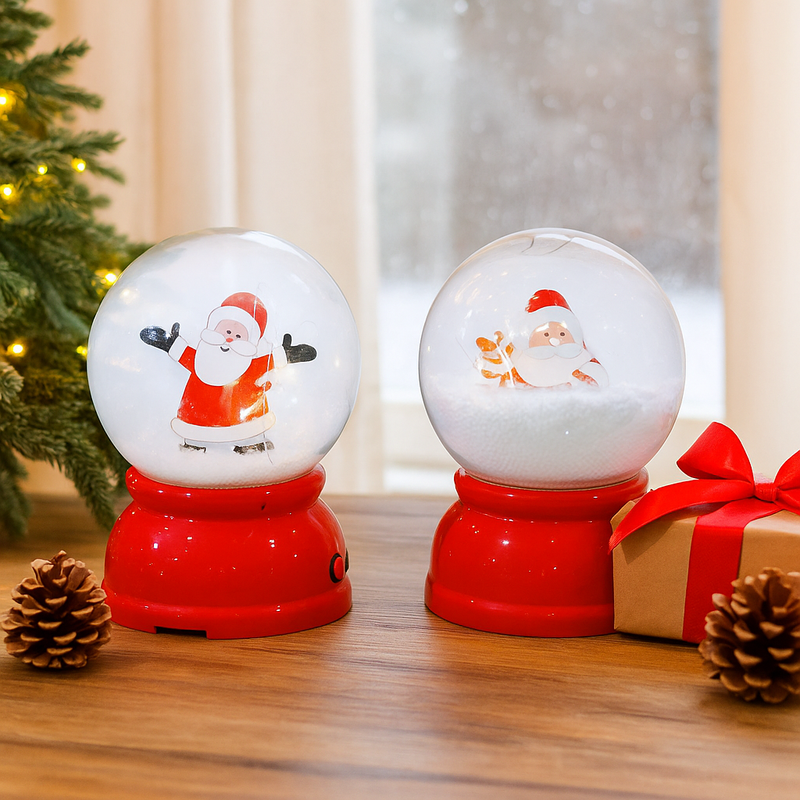 LED Music Snowing Globe MDF Scene Assorted – light-up snow globe with swirling snow, festive MDF frame, and Christmas music.