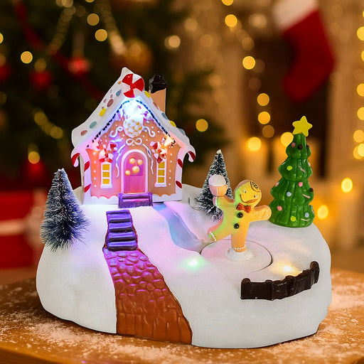 LED Musical Gingerbread House Scene with USB power, festive lights, and holiday music