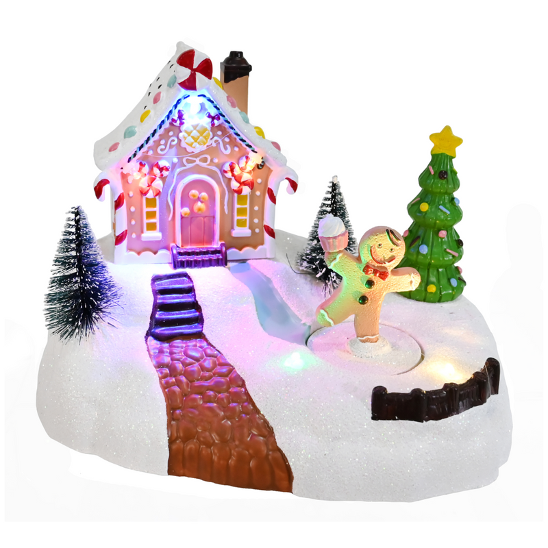 LED Musical Gingerbread House Scene with USB power, festive lights, and holiday music