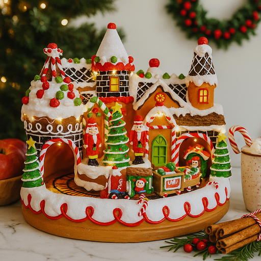 LED Musical Gingerbread Village Rotating décor with USB power and festive lighting