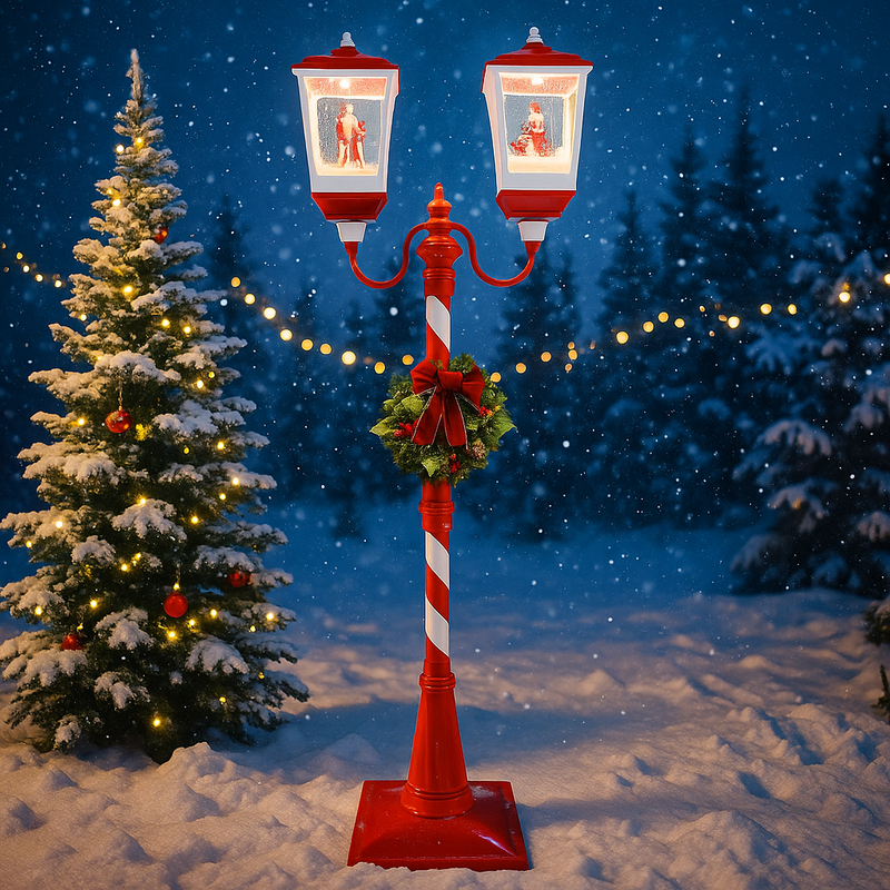 Festive LED musical lamppost decoration with dual lanterns 179cm
