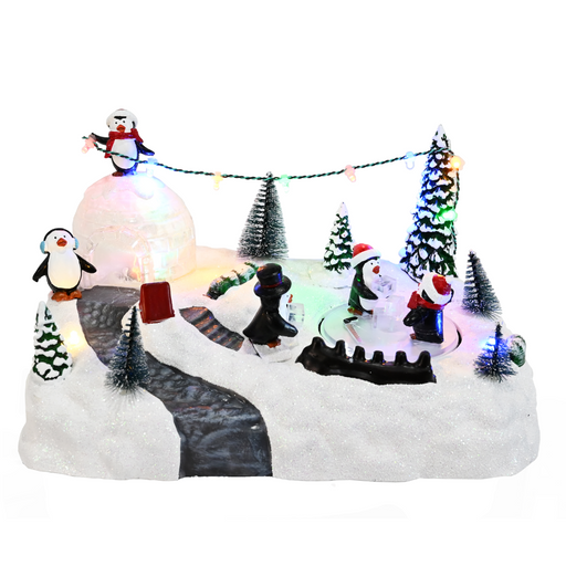 LED Musical Penguin Igloo Scene with glowing lights and festive music powered by USB