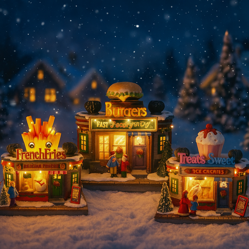 LED Musical Restaurant Fries Burgers Doughnuts Assorted with festive lights and playful holiday design