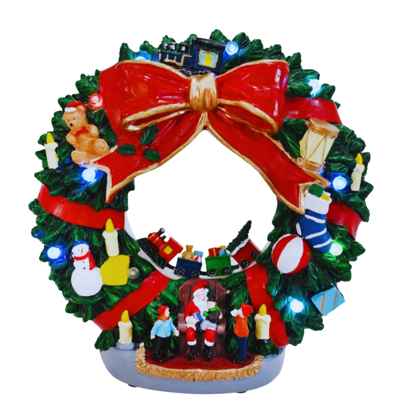 LED Musical Santa Wreath Scene ornament with USB power and festive lighting