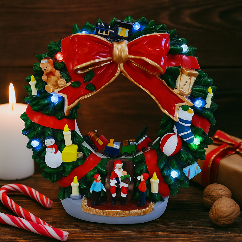 LED Musical Santa Wreath Scene ornament with USB power and festive lighting