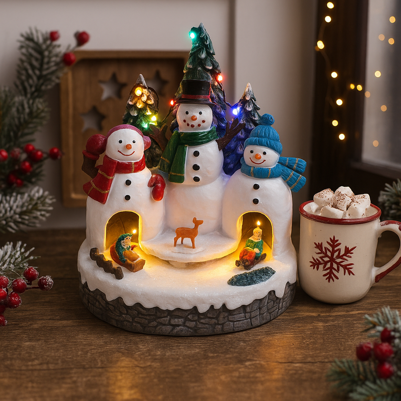 LED Musical Snowman Castle with rotating motion, glowing lights, and festive music powered by USB