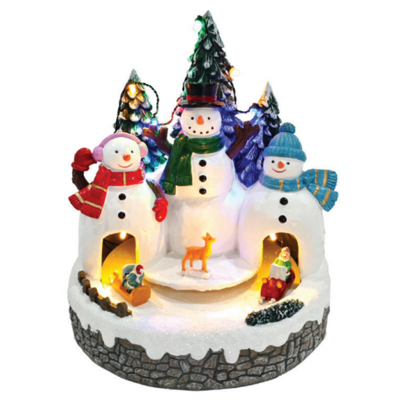 LED Musical Snowman Castle with rotating motion, glowing lights, and festive music powered by USB
