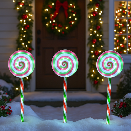 LED peppermint lollipop path lights 3 pack with flashing effect for outdoor Christmas decoration