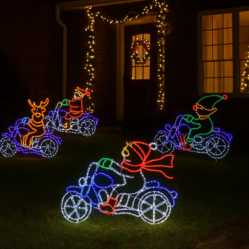 Festive motorbike crew decoration in assorted LED rope light designs