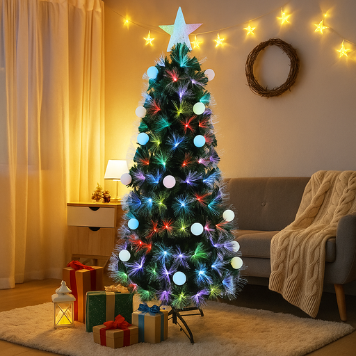 150cm LED fibre optic Christmas tree with flashing baubles – vibrant and pre-lit indoor holiday decoration
