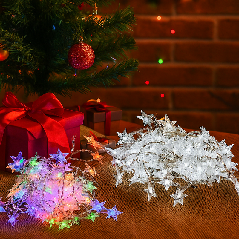 LED star string lights 150 assorted colours in reusable tub for festive decoration