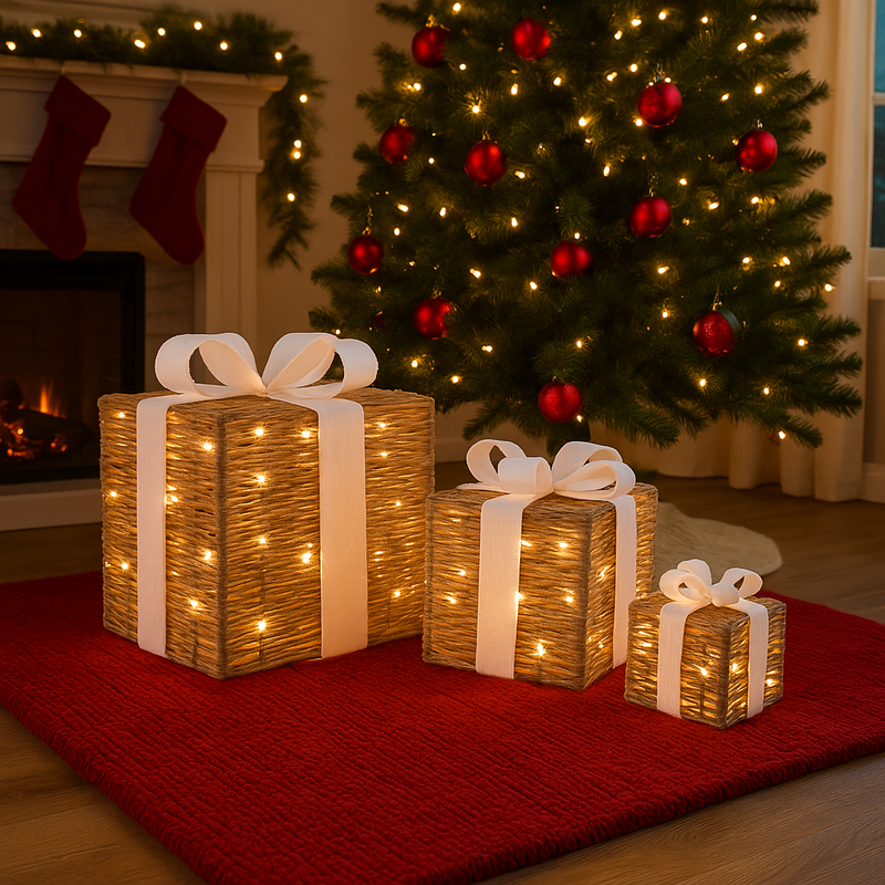Decorative LED Gift Box Set with Warm Lights – 3-Piece Assorted