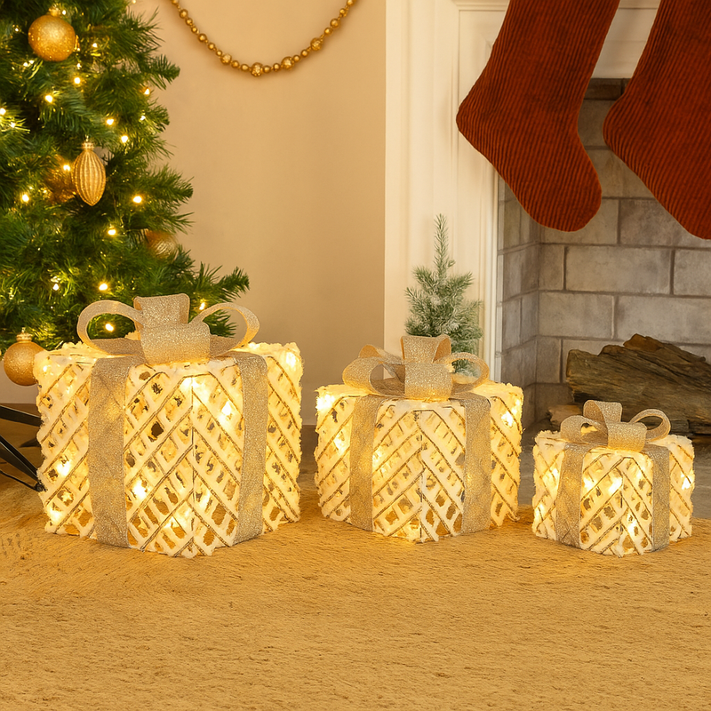 Decorative LED Gift Box Set with Warm Lights – 3-Piece Assorted