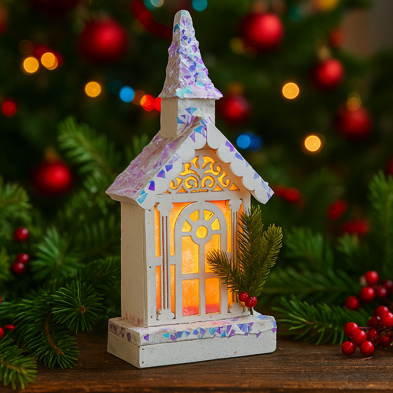 LED White Church Iridescent – illuminated Christmas church décor with shimmering iridescent finish.