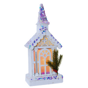 LED White Church Iridescent – illuminated Christmas church décor with shimmering iridescent finish.