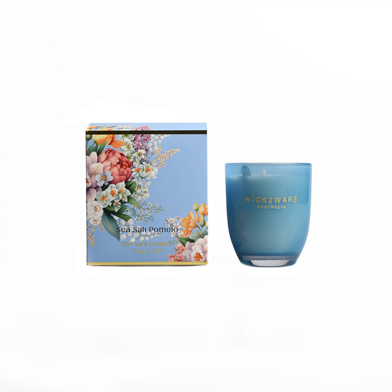 Blue jar holding Sea Salt Pomelo scented wax