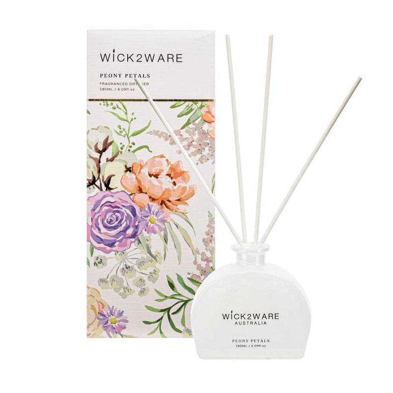 Floral themed vessel dispensing Peony Petals fragrance