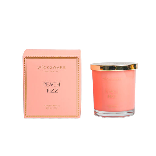 Boxed jar holding peach colored Peach Fizz scented wax