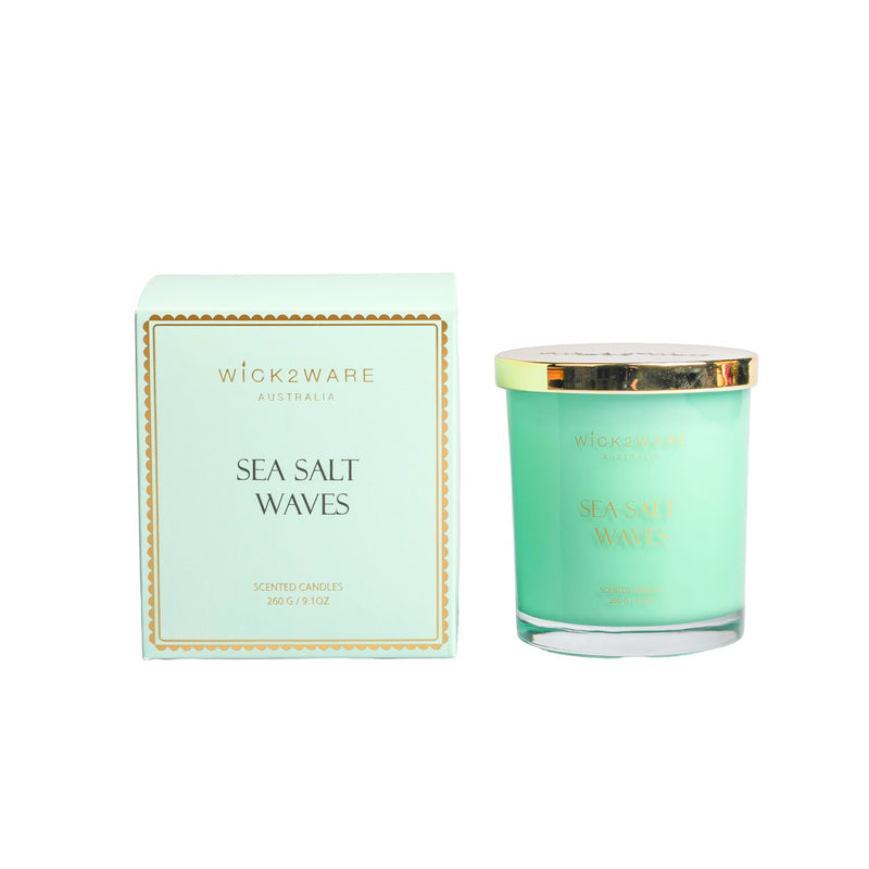 Boxed jar holding blue Sea Salt Waves scented wax