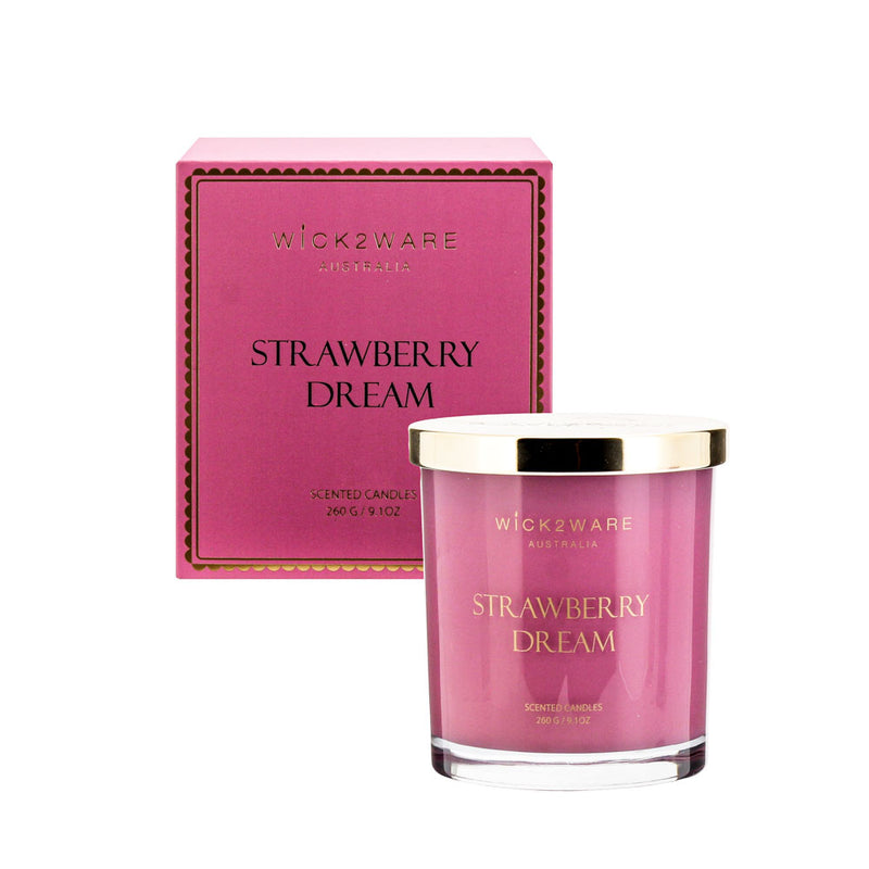 Boxed jar holding hot pink Strawbey Dream scented wax