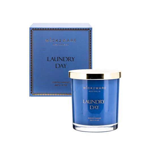 Boxed jar holding blue Laundry Day scented wax