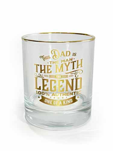 Clear tumbler with “Dad” legend graphic and weighted base