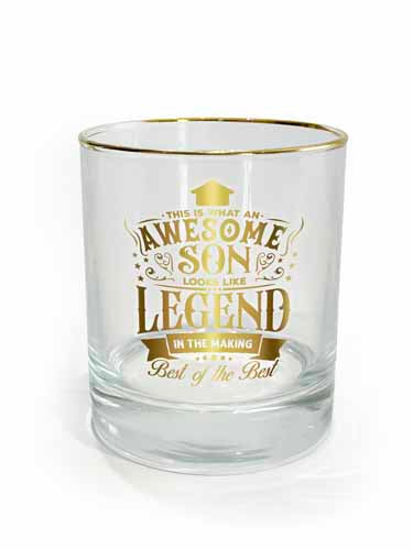 Son themed glass with bold celebratory badge