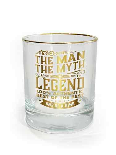 Novelty tumbler with The Man badge in bold print