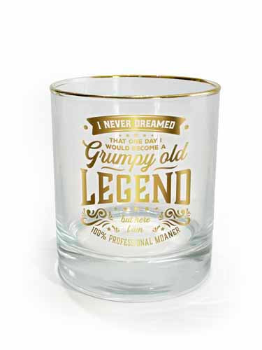 Humorous Grumpy themed drinking glass with bold print