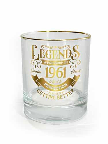 Clear drinking glass with 1961 print and smooth rim