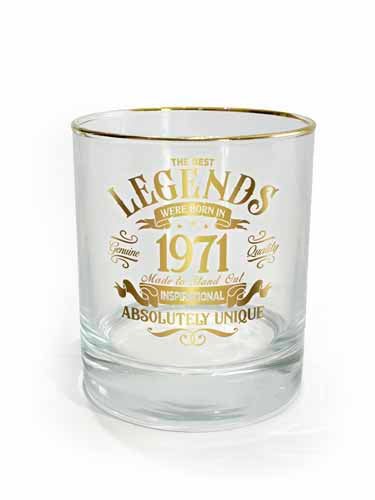 Clear tumbler with 1971 year print and weighted base