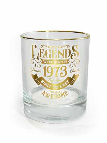Clear drinking glass with 1973 numerals and steady base